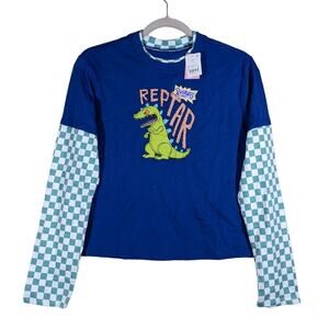 Rugrats Reptar Long Sleeve Dinosaur TShirt Nickelodeon Blue Checkered S Crew Tee